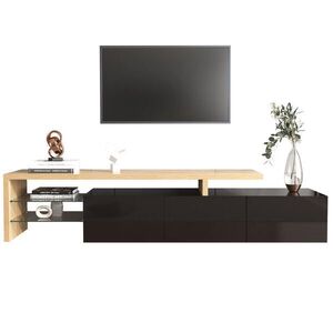 Modfu TV stolek z MDF a skla 197, 5x39x42 cm přírodní/černá s LED osvětlením, 3 skříňkami a skleněnými policemi obraz