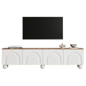 Modfu TV stolek z MDF 180x40x45 cm bílá a dubový dekor se 4 dvířky, 6 kovovými nohami a úložným prostorem obraz