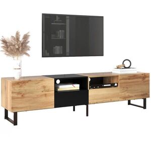 Modfu TV stolek z MDF 190x38x48 cm černá/přírodní dřevo se 2 dvířky a 2 zásuvkami, s velkým úložným prostorem obraz