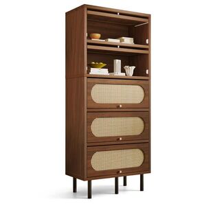 Modfu VYSOKÁ komoda z MDF 80x40x163 cm ořechová s 5 výklopnými dvířky, ratanem a kovovými nohami obraz