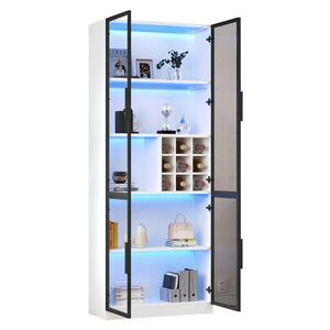 Modfu VITRÍNA z dřevotřísky a tvrzeného skla 80x200x35 cm bílá s LED osvětlením, vinotékou a 5 policemi obraz