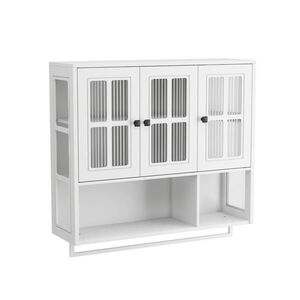 Redom NÁSTĚNNÁ koupelnová skříňka 88/26/82, 5 cm z MDF se skleněnými dvířky, otevřeným úložným prostorem a držákem na ručník, Bílá obraz
