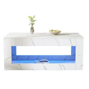 Redom KONFERENČNÍ stolek 100/50/50 cm s LED osvětlením, vysokým leskem a mramorovým dekorem, Bílá obraz