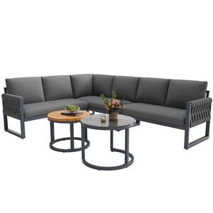 OKWISH ZAHRADNÍ sedací souprava 123/68/86 cm šedá z olefinu a kovu modulární se 2 stolky obraz