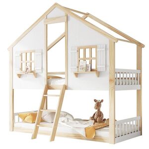 OKWISH PATROVÁ postel 90/200 cm bílá+přírodní s šikmým žebříkem a bezpečnostním zábradlím z borovice a MDF obraz
