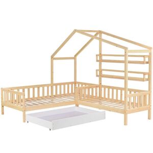 Modfu DĚTSKÁ postel domeček z masivního dřeva 90x200 cm + 140x70 cm přírodní s úložnými zásuvkami a policemi obraz