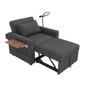Modfu ROZKLÁDACÍ křeslo z manšestru 93x150x85 cm šedé s USB, Type-C, držákem telefonu a odkládacím stolkem obraz