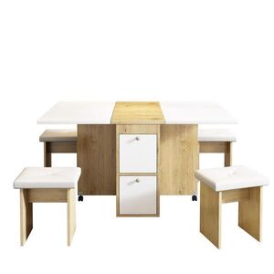 OKWISH JÍDELNÍ sestava 120/80/75 cm bílá a dubová z dřevotřísky s rozkládacím sklápěcím stolem a 4 židlemi obraz