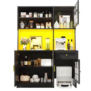 OKWISH KUCHYŇSKÁ skříň 130/45/180 cm černá z MDF s LED osvětlením a skleněnými dvířky obraz