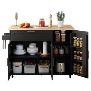 OKWISH KUCHYŇSKÝ vozík 132, 5/44(70)/90 cm černá/přírodní z MDF se sklápěcí deskou a 5 kolečky obraz