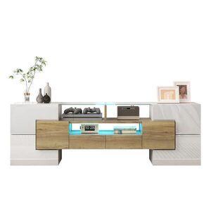OKWISH TV stolek 145/30/51 cm bílá a zlatá z dřevotřískové desky s LED osvětlením a skleněnou deskou obraz