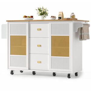 OKWISH KUCHYŇSKÝ ostrůvek 146, 85/70/90 cm bílý z MDF a kovu s výklopnou deskou a kolečky obraz