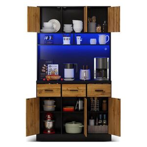 OKWISH KUCHYŇSKÁ skříň 100/40/180 cm černá a přírodní z PB a MDF s LED osvětlením a zásuvkami obraz