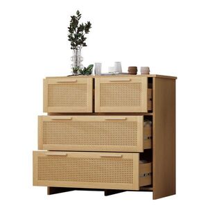 Modfu KOMODA z MDF a masivního dřeva 80x80x38 cm přírodní se 4 zásuvkami, ratanovým čelem a ochranou proti převrácení obraz