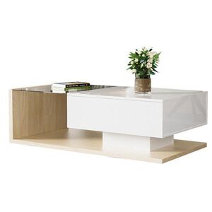 Modfu KONFERENČNÍ stolek z dřevotřísky 105x55x32, 5 cm bílá v lesku a přírodní s tvrzeným sklem, LED osvětlením a úložným prostorem obraz