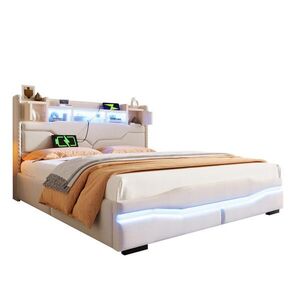 Modfu ČALOUNĚNÁ postel z lnu a MDF 160x200 cm béžová s hydraulickým úložným prostorem, LED osvětlením, USB a zásuvkou obraz