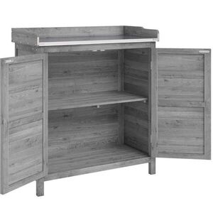 Modfu ZAHRADNÍ skříň s pracovním stolem z masivního smrkového dřeva 83x40x92 cm šedá s pozinkovanou pracovní deskou obraz