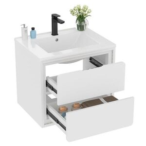 OKWISH ZÁVĚSNÁ boční skříň do koupelny 60/46/50 cm bílá z MDF a keramiky s LED senzorovým světlem obraz