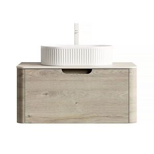 OKWISH ZÁVĚSNÁ koupelnová skříňka s umyvadlem 80 cm béžová a bílá z keramiky a slinutého kamene se zásuvkou obraz