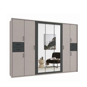 luma-home SKŘÍŇ S OTOČNÝMI DVEŘMI Š313/V210/H58 cm, pískově šedá s grafitovými akcenty, s paspartou, 3 zrcadlovými dveřmi a zásuvkami, černé úchytky / obraz