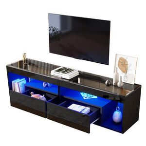 Modfu TV stolek z laminované dřevotřísky a tvrzeného skla 180x40x46 cm černý s LED osvětlením obraz