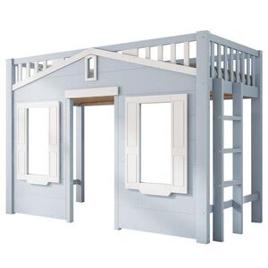 Modfu DĚTSKÁ vysoká postel z masivu a MDF 90x200 cm bílá a modrá s oboustranným schodištěm a prostorem pod lůžkem obraz