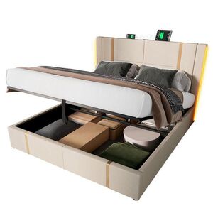 OKWISH ČALOUNĚNÁ postel 140/200 cm béžová z lnu s LED, USB-C a úložným prostorem obraz