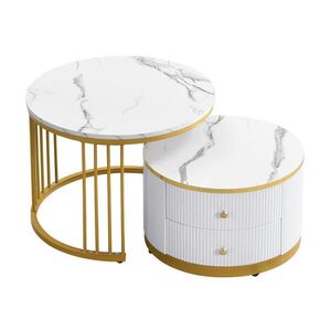 OKWISH KONFERENČNÍ stolek 60/50 cm bílý z MDF s mramorovým dekorem a 2 zásuvkami obraz