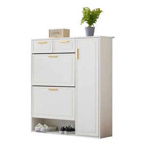 Modfu BOTNÍK z dřevotřísky a MDF 95x24x107 cm bílý se 2 zásuvkami, nastavitelnými policemi a otevřenými přihrádkami obraz