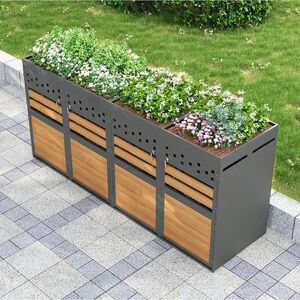 Modfu BOX na 4 popelnice z kovu 264x80x125 cm antracitová/přírodní s výsadbovým víkem, uzamykatelnými dvířky a možností rozšíření obraz