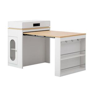 Modfu KUCHYŇSKÝ ostrůvek z MDF a skla 146x83x96 cm bílý s výsuvnou skládací deskou, zásuvkami a integrovanými zásuvkami obraz