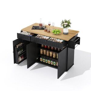 Modfu KUCHYŇSKÝ ostrůvek z MDF 137x70x89 cm přírodní/černý se sklopnou deskou, kolečky a úložným prostorem obraz