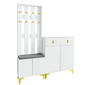 Modfu PŘEDSÍŇOVÁ sestava z dřevotřísky 83x35x101 cm bílá s botníkem, zásuvkami, věšáky a polstrovaným sedákem obraz