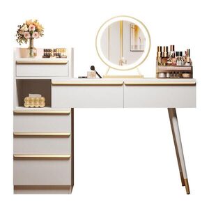 Modfu TOALETNÍ stolek z dřevotřísky 100x41x102 cm bílý s LED zrcadlem, výsuvnou deskou a 6 zásuvkami obraz