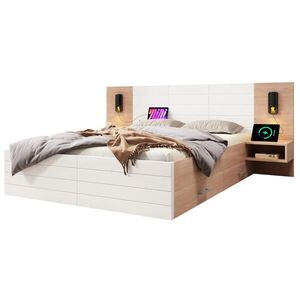 Modfu MANŽELSKÁ postel z masivního dřeva a MDF 140x200 cm bílá/světlý dub s matrací, USB, lampičkou a 2 zásuvkami obraz