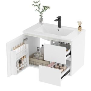 Modfu KOUPELNOVÁ skříňka s umyvadlem z MDF 76x46x50 cm bílá s keramickým umyvadlem, LED radarovým osvětlením a závěsným provedením obraz