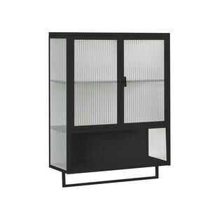 Modfu NÁSTĚNNÁ skříňka z kovu a skla 60x23x78 cm černá se 2 dvířky, otevřenou policí a držákem na ručník obraz