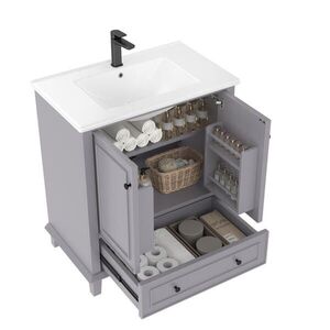 Modfu KOUPELNOVÁ skříňka s umyvadlem z MDF a keramiky 76x46x87 cm šedá se 2 dvířky, zásuvkou a nastavitelnou policí obraz