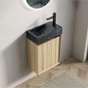 Modfu KOUPELNOVÁ skříňka s umyvadlem z mramoru 40x22x58 cm černá a bílý dub, závěsná, s 1 dvířky, předmontovaná obraz