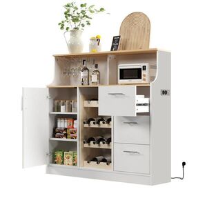 OKWISH BOČNÍ skříň 120/40/121 cm bílá a přírodní z MDF s LED osvětlením, zásuvkou a stojanem na víno obraz