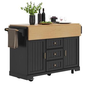 Modfu KUCHYŇSKÝ ostrůvek z MDF a kovu 120x40x95 cm černý na kolečkách, oboustranně sklopný se 3 zásuvkami a 2 dvířky obraz
