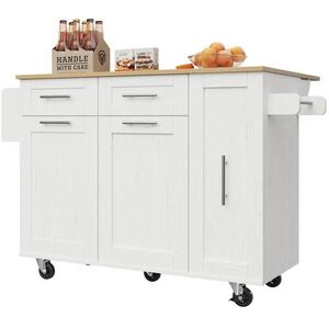 Modfu KUCHYŇSKÝ ostrůvek z MDF a kovu 110x74x90 cm bílý se sklápěcí deskou, úložným prostorem a uzamykatelnými kolečky obraz