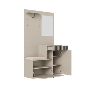 Modfu PŘEDSÍŇOVÁ stěna z MDF 110x37x185 cm béžová a krémová se zrcadlem, čalouněným sedákem a nastavitelnými policemi obraz