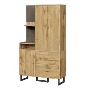 Modfu PŘEDSÍŇOVÁ skříň z MDF 110x186x38 cm černá/přírodní s policemi, zásuvkami, výsuvnou tyčí a čalouněnými panely obraz