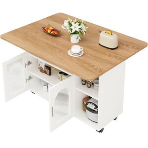 Modfu KUCHYŇSKÝ ostrůvek z MDF a skla 120x70x79, 5 cm přírodní, stříbrná/šedá, bílá s rozkládací deskou a kolečky obraz