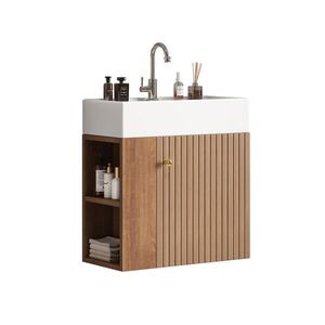 Modfu KOUPELNOVÁ skříňka s umyvadlem z MDF 55x31x66 cm hnědá s bočními policemi a keramickým umyvadlem, pro malé koupelny obraz