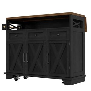 Modfu KUCHYŇSKÝ ostrůvek z MDF a kovu 118x43-80x98 cm černý se sklopnou deskou, úložným prostorem, držákem na ručníky a kolečky obraz