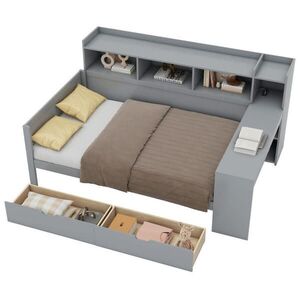 Modfu DENNÍ postel z dřevotřísky a MDF 90x200 cm šedá s USB, zásuvkou, stolem a 2 zásuvkami obraz