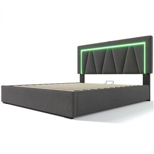 Modfu ČALOUNĚNÁ postel ze lnu 140x200 cm šedá s LED, USB-C, úložným prostorem a matrací obraz
