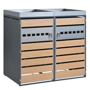 Modfu BOX na popelnice z oceli 132x80x124 cm šedo-dřevěný uzamykatelný se 2 oddělenými dvířky, větráním a horním truhlíkem obraz
